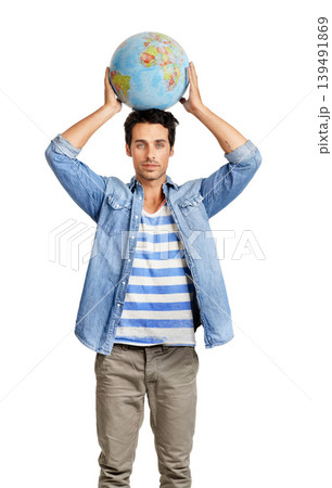 Serious, globe and portrait of man in a studio for world, planet or geography map for planning. Earth, young and male person from Canada with global sphere on his head isolated by white background. Serious, globe and portrait of man in a studio for world, planet or geography map for planning. Earth, young and male person from Canada with global sphere on his head isolated by white background. 139491869