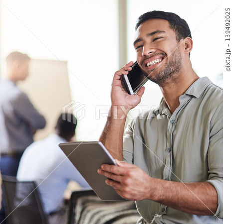 Tablet, phone call and happy businessman in office for real estate sale, deal negotiation and listen. Technology, smile and person in workplace for communication, property investment and coworking Tablet, phone call and happy businessman in office for real estate sale, deal negotiation and listen. Technology, smile and person in workplace for communication, property investment and coworking 139492025