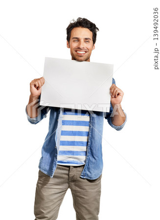 Man, poster mockup and portrait or presentation board in studio for promotion, information or white background. Male person, face and placard signage for advertising, recommendation or suggestion Man, poster mockup and portrait or presentation board in studio for promotion, information or white background. Male person, face and placard signage for advertising, recommendation or suggestion 139492036