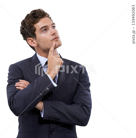 Business man, thinking of ideas and solution, questions or problem solving with legal vision, goals or emoji face in studio. Corporate lawyer or attorney with decision or choice on a white background 139492063