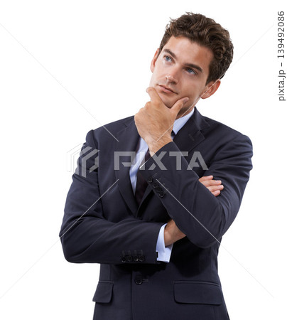Corporate man, thinking and planning for solution, ideas and investment strategy with emoji face in studio. Business employee for problem solving, vision and decision or choice on a white background Corporate man, thinking and planning for solution, ideas and investment strategy with emoji face in studio. Business employee for problem solving, vision and decision or choice on a white background 139492086