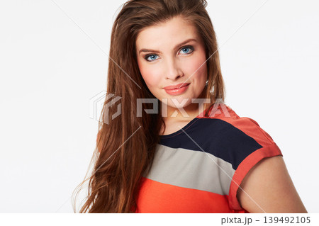 Happy woman, portrait and fashion with makeup, cosmetics or beauty against a white studio background. Face of attractive young female person or model smile in skincare with stripped t shirt on mockup 139492105