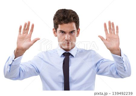 Businessman, hand and stop in studio portrait with forbidden warning, rejection and negative in mockup. Face, palm and emoji in defence sign for no, deny and wait for frustrated by white background Businessman, hand and stop in studio portrait with forbidden warning, rejection and negative in mockup. Face, palm and emoji in defence sign for no, deny and wait for frustrated by white background 139492239