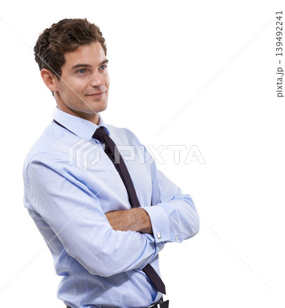 Businessman, arms crossed and portrait for thinking as corporate professional and career in studio mockup. Person, confident and management with smile or decision and accountant by white background Businessman, arms crossed and portrait for thinking as corporate professional and career in studio mockup. Person, confident and management with smile or decision and accountant by white background 139492241