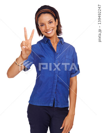 Smile, peace sign or portrait of black woman in studio isolated on white background with vote or icon. Support, model or happy African female person with v symbol, hope or hand gesture for wellness Smile, peace sign or portrait of black woman in studio isolated on white background with vote or icon. Support, model or happy African female person with v symbol, hope or hand gesture for wellness 139492247