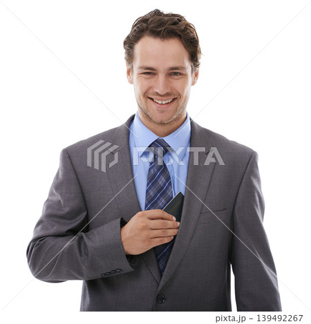 Business, travel and portrait of happy man with passport in studio for immigration or opportunity on white background. ID, ticket or face of guy entrepreneur with boarding pass for airport compliance Business, travel and portrait of happy man with passport in studio for immigration or opportunity on white background. ID, ticket or face of guy entrepreneur with boarding pass for airport compliance 139492267