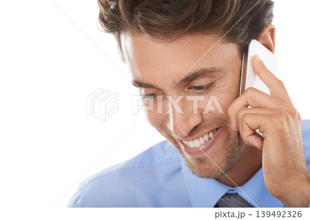 Happy businessman, phone call and communication for conversation on a white studio background. Closeup of man or employee face smile with mobile smartphone for business discussion on mockup space 139492326