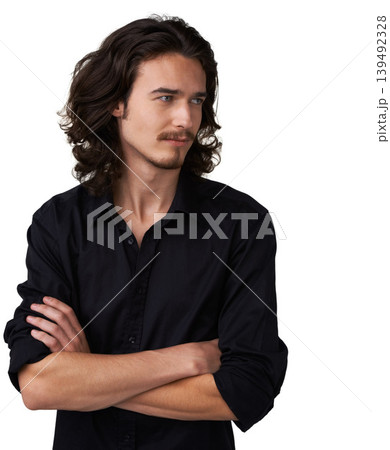Fashion, arms crossed and man think of studio semi formal outfit, style choice or decision for cotton dress shirt. Planning clothes idea, stylish apparel and fashionable model on white background Fashion, arms crossed and man think of studio semi formal outfit, style choice or decision for cotton dress shirt. Planning clothes idea, stylish apparel and fashionable model on white background 139492328