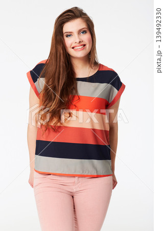 Happy woman, portrait and beauty in stylish fashion. clothing or makeup cosmetics against a white studio background. Attractive young female person or model smile with stripped t shirt on mockup Happy woman, portrait and beauty in stylish fashion. clothing or makeup cosmetics against a white studio background. Attractive young female person or model smile with stripped t shirt on mockup 139492330