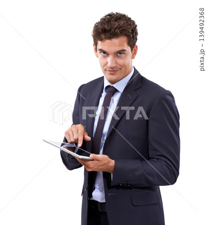 Business man, studio portrait and tablet for online registration, stock market investment and trading offer. Professional or corporate trader pointing to digital technology on a white background Business man, studio portrait and tablet for online registration, stock market investment and trading offer. Professional or corporate trader pointing to digital technology on a white background 139492368