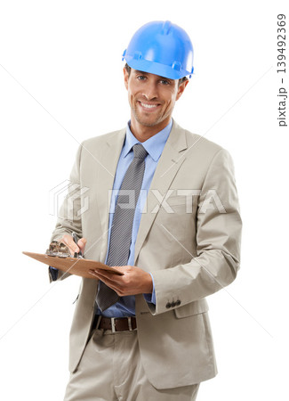 Happy businessman, portrait and architect with clipboard or hard hat for signing or inspection on a white studio background. Man, contractor or engineer with documents in architecture or construction 139492369