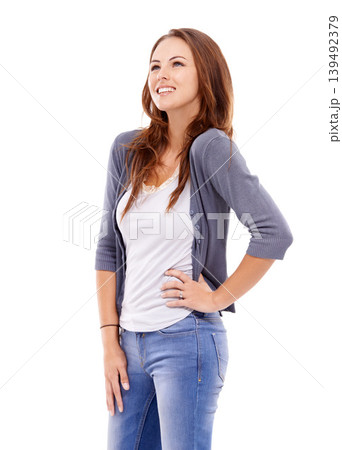 Woman, face and thinking or smile in studio with ideas, contemplating and dreaming with positive mindset. Person, mock up space and thoughtful with relax, happy and wondering on white background 139492379