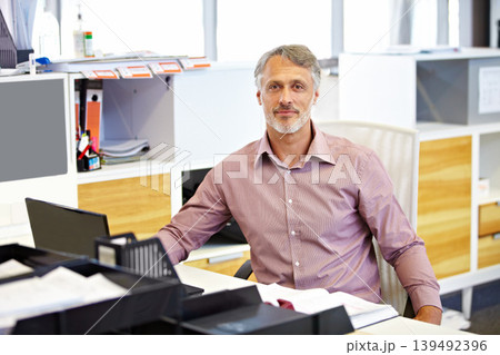 Business man, portrait and office for planning, company management and career in finance or accounting. Happy face of senior manager, accountant or executive working at his desk in startup workplace 139492396