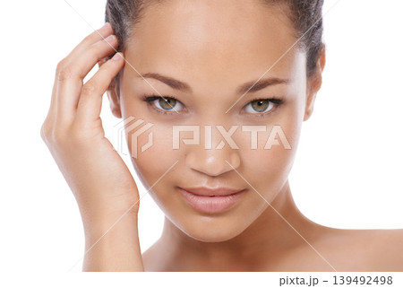 Woman, portrait and skincare in studio, smiling and happy with facial treatment by white background. Female person, face and wellness or cosmetics and dermatology, beauty and luxury spa grooming 139492498