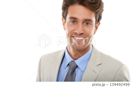 Happy businessman, portrait and fashion on mockup space in style against a white studio background. Face of young, handsome or attractive man or employee smile for career ambition or positive mindset Happy businessman, portrait and fashion on mockup space in style against a white studio background. Face of young, handsome or attractive man or employee smile for career ambition or positive mindset 139492499