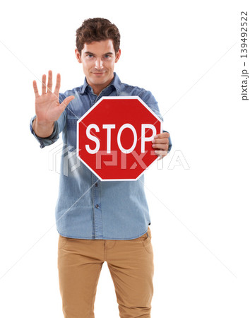 Portrait, man and traffic stop sign, hand and studio isolated on a white background mockup space. Person show red octagon symbol, palm and danger warning, forbidden caution or prohibition in security Portrait, man and traffic stop sign, hand and studio isolated on a white background mockup space. Person show red octagon symbol, palm and danger warning, forbidden caution or prohibition in security 139492522