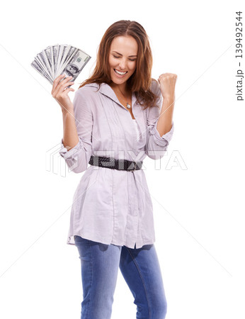 Woman, dollars or celebrate money fan in studio for wealthy deal, giveaway or lottery prize on white background. Excited winner, fist and bonus of profit, income or cash investment, savings or reward Woman, dollars or celebrate money fan in studio for wealthy deal, giveaway or lottery prize on white background. Excited winner, fist and bonus of profit, income or cash investment, savings or reward 139492544