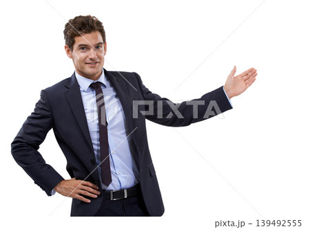 Portrait, gesture and hand of businessman in mockup, space and white background in studio. Confident, entrepreneur and pointing to show choice or option in announcement, information or presentation Portrait, gesture and hand of businessman in mockup, space and white background in studio. Confident, entrepreneur and pointing to show choice or option in announcement, information or presentation 139492555