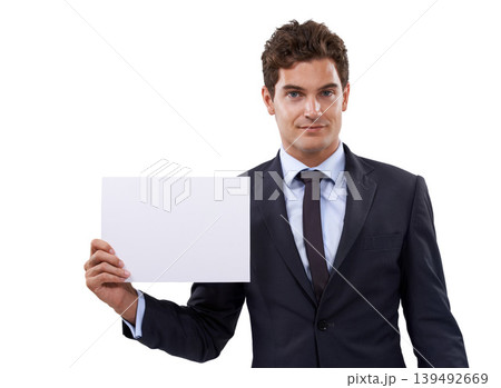 Business man, poster space and happy presentation with advertising for job opportunity, news or information in studio. Portrait of boss or professional person with paper mockup on a white background 139492669
