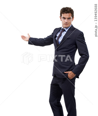 Studio portrait, advertising or professional man gesture at service news, notification space or commercial offer. Company sales launch, discount deal or businessman recommendation on white background Studio portrait, advertising or professional man gesture at service news, notification space or commercial offer. Company sales launch, discount deal or businessman recommendation on white background 139492688