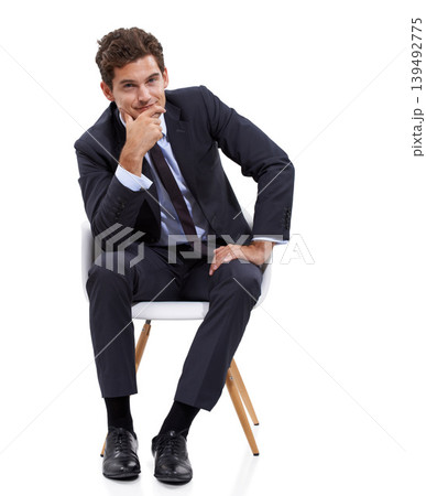 Thinking, portrait and businessman in studio in a chair on white background or mock up space. Entrepreneur, insight and manager sitting with ideas, planning or boss with mindset for strategy Thinking, portrait and businessman in studio in a chair on white background or mock up space. Entrepreneur, insight and manager sitting with ideas, planning or boss with mindset for strategy 139492775