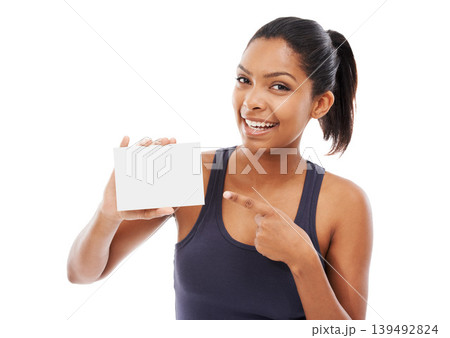 Woman, blank card and portrait in studio, mockup and sign up or information or offer. Happy female person, paper and advertising on placard for membership promotion or news by white background 139492824