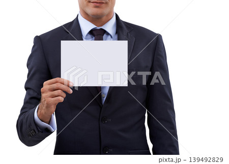 Studio, mockup placard and business person with promotion news, advertising space or corporate information. Commercial poster, signage and hands of professional sales consultant on white background 139492829