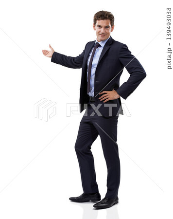 Portrait, hand and businessman pointing to mockup, space and blank advertising in studio. Confident, entrepreneur and gesture to show choice in white background with announcement or presentation 139493038