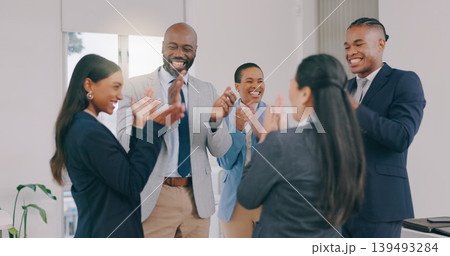 Business people, applause and promotion with celebration, smile and excited with victory, winning and teamwork. Opportunity, achievement and cheering with staff, clapping and cooperation with support Business people, applause and promotion with celebration, smile and excited with victory, winning and teamwork. Opportunity, achievement and cheering with staff, clapping and cooperation with support 139493284