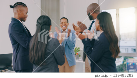 Business people, applause and promotion with celebration, excited and cooperation with victory, winning and teamwork. Opportunity, achievement and cheering with staff, clapping and collaboration Business people, applause and promotion with celebration, excited and cooperation with victory, winning and teamwork. Opportunity, achievement and cheering with staff, clapping and collaboration 139493292