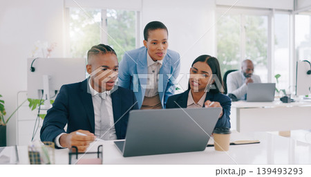 Business people, manager and employees with laptop, collaboration and internet with teamwork, cooperation and talk. Staff, women or man with a computer, online notification or planning with a project Business people, manager and employees with laptop, collaboration and internet with teamwork, cooperation and talk. Staff, women or man with a computer, online notification or planning with a project 139493293
