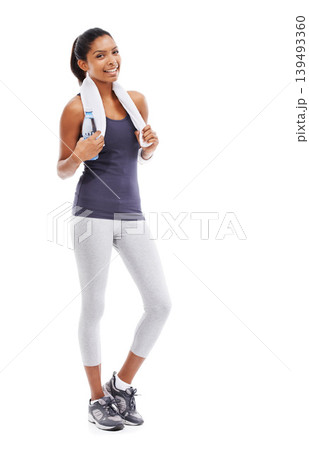 Woman, fitness and portrait with water and towel for workout, training and exercise in studio. Happy, smile and female athlete with drink and bottle with break after sport with white background Woman, fitness and portrait with water and towel for workout, training and exercise in studio. Happy, smile and female athlete with drink and bottle with break after sport with white background 139493360