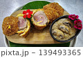Crispy Fried Chicken Cordon Bleu with Ham Cheese Filling and Mushroom Gravy on Wooden Plate 139493365