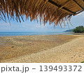 Scenic Tropical Beach View Framed by a Rustic Thatched Straw Roof 139493372