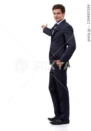 Studio portrait, mockup and business man show promotion news, advertising space or gesture at corporate information. Commercial presentation, announcement and professional person on white background Studio portrait, mockup and business man show promotion news, advertising space or gesture at corporate information. Commercial presentation, announcement and professional person on white background 139493384