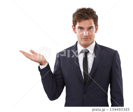 Entrepreneur, hand and portrait with choice in mockup, space and white background in studio. Confident, businessman and gesture to show option with information, advice or presentation with mock up Entrepreneur, hand and portrait with choice in mockup, space and white background in studio. Confident, businessman and gesture to show option with information, advice or presentation with mock up 139493385