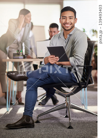 Portrait, tablet and happy businessman in meeting, about us and tax consultant with job experience. Smile, tech and financial employee in company, person and VAT specialist with career ambition Portrait, tablet and happy businessman in meeting, about us and tax consultant with job experience. Smile, tech and financial employee in company, person and VAT specialist with career ambition 139493403