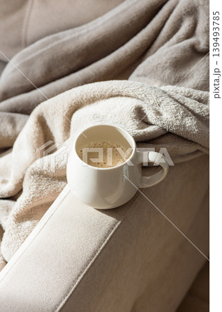 Cozy Sofa with Blanket and Coffee Mug. Relaxed Home Atmosphere 139493785