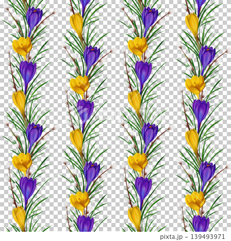 Violet and yellow crocuses, green branches, willow branches. Seamless floral botanical pattern Violet and yellow crocuses, green branches, willow branches. Seamless floral botanical pattern 139493971
