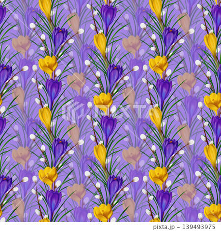 Violet and yellow crocuses, green branches, willow branches. Seamless floral botanical pattern. Digital watercolor hand drawn. For design of invitations, certificates, postcards, posters, flyers Violet and yellow crocuses, green branches, willow branches. Seamless floral botanical pattern. Digital watercolor hand drawn. For design of invitations, certificates, postcards, posters, flyers 139493975