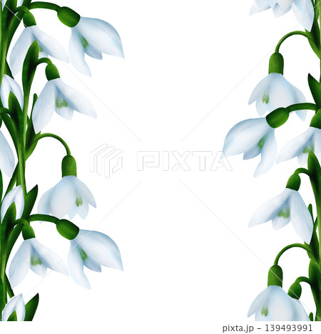 White snowdrops, green branches. Seamless floral botanical pattern. Digital watercolor hand drawn 139493991