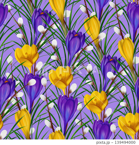 Violet and yellow crocuses, green branches, willow branches. Seamless floral botanical pattern. Digital watercolor Violet and yellow crocuses, green branches, willow branches. Seamless floral botanical pattern. Digital watercolor 139494000