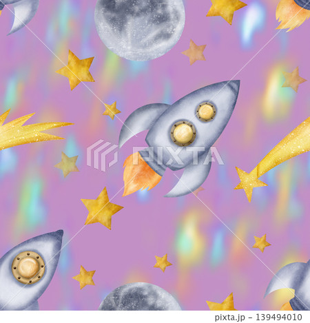Beautiful pink seamless pattern with space rockets, spaceships, stars, full Moon and nebula Beautiful pink seamless pattern with space rockets, spaceships, stars, full Moon and nebula 139494010