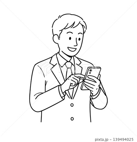 スマートフォンを操作するビジネスマンの線画イラスト スマートフォンを操作するビジネスマンの線画イラスト 139494025