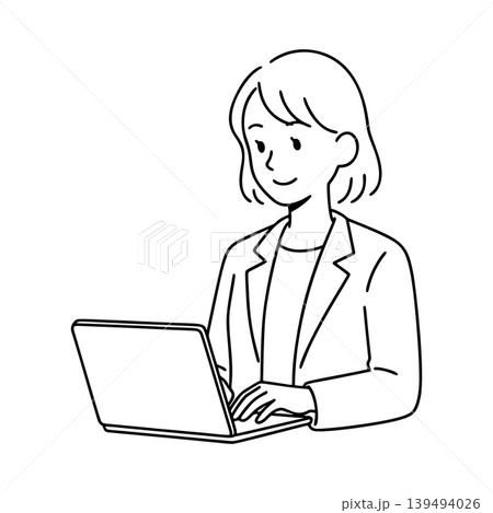 ノートPCで仕事をする女性の線画イラスト ノートPCで仕事をする女性の線画イラスト 139494026
