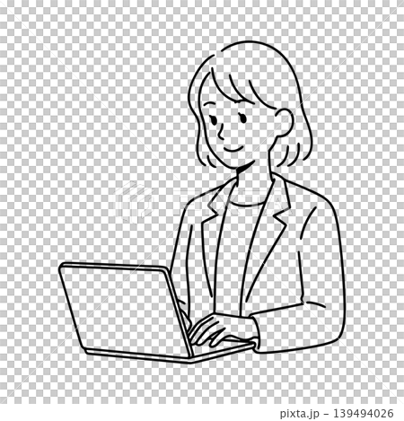 ノートPCで仕事をする女性の線画イラスト ノートPCで仕事をする女性の線画イラスト 139494026