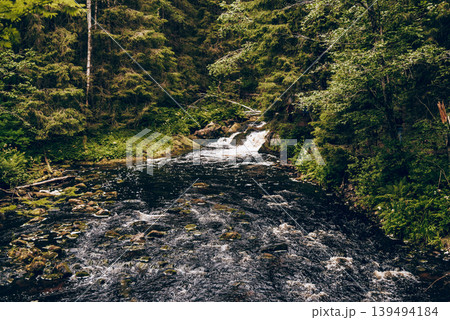 Landscape of summer river among stones, fast flow water reservoir Karelia Russia 139494184