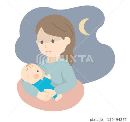 夜間授乳で疲れた母親 夜間授乳で疲れた母親 139494275