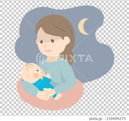 夜間授乳で疲れた母親 夜間授乳で疲れた母親 139494275