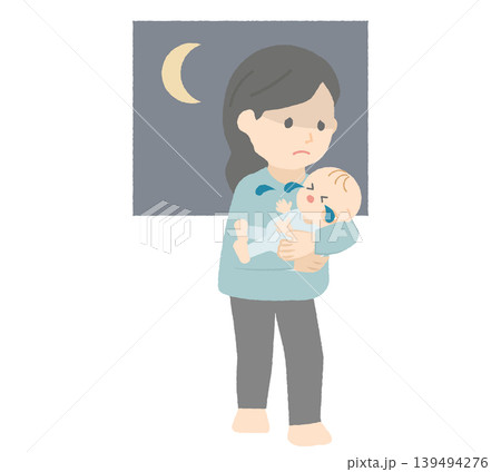 夜泣きする赤ちゃんを抱いて歩く女性 139494276